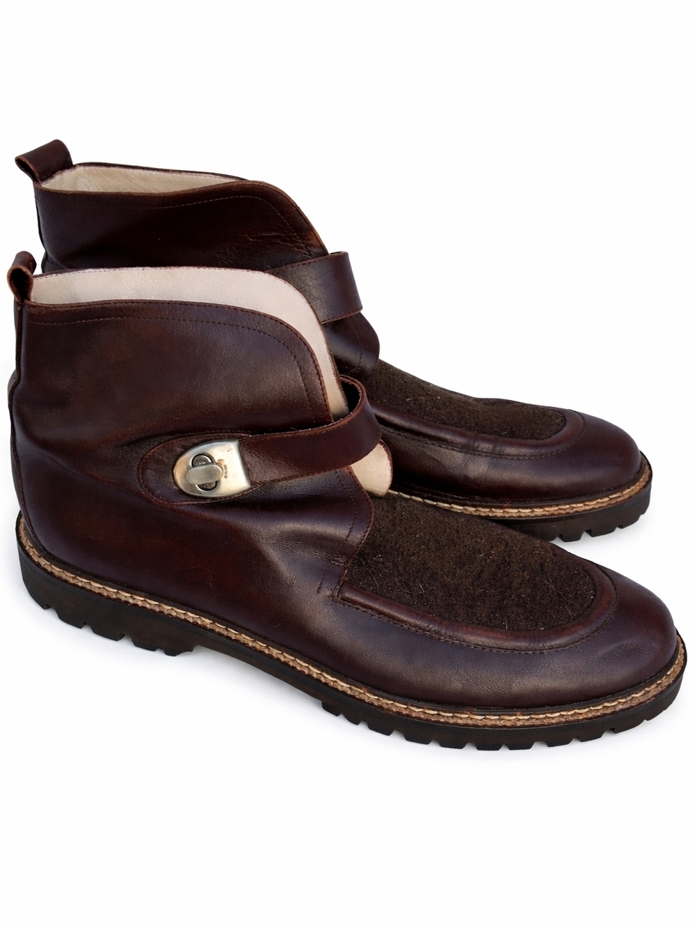 Via Spiga Brown Leather Wool Panel Ankle Chukka Boots Turn Lock Strap Sz 9.5